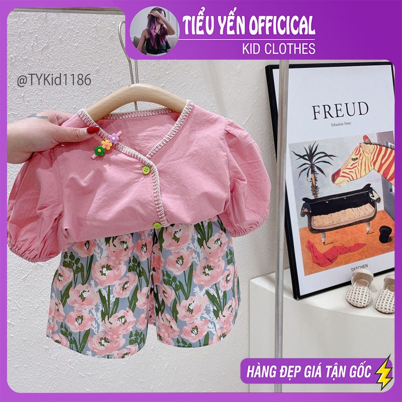 S1186-Quần áo hè bé gái, set áo thô hồng và quần hoa Tiểu Yến KID