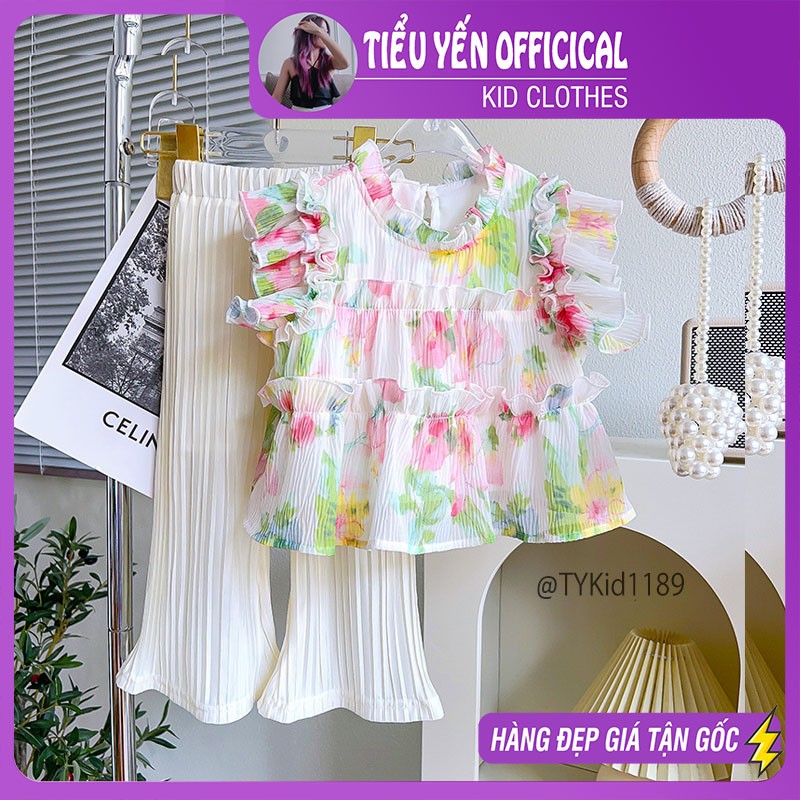 S1189-Quần áo hè bé gái, set áo dập ly hoa hồng và quần loe Tiểu Yến KID