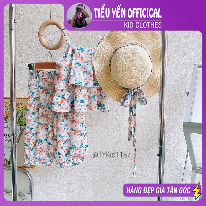 S1187-Quần áo hè bé gái, set 2 dây thô hoa kèm mũ Tiểu Yến KID