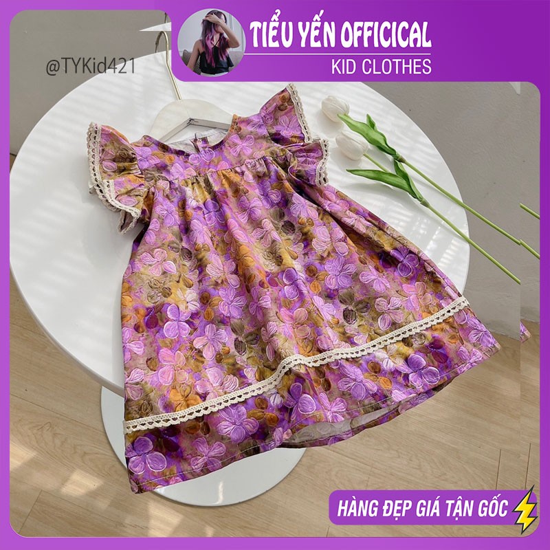 V421-Váy hè bé gái, váy thô cánh tiên họa tiết hoa tím Tiểu Yến KID