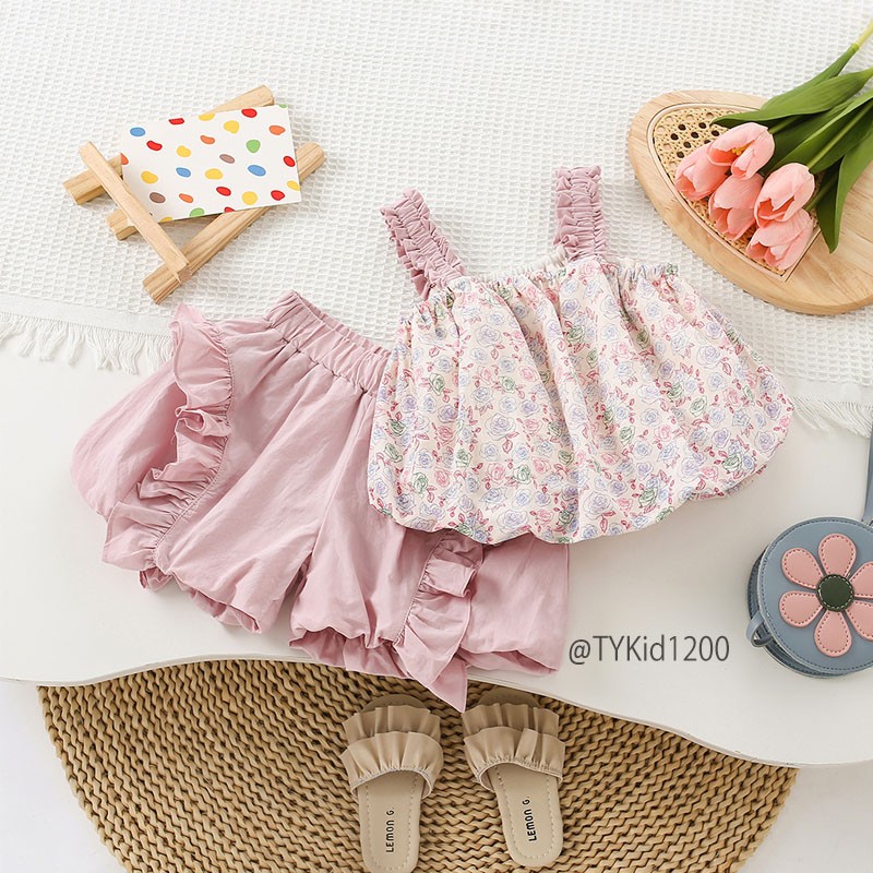 S1200-Quần áo hè bé gái, set 2 dây hoa hồng quần bí Tiểu Yến KID