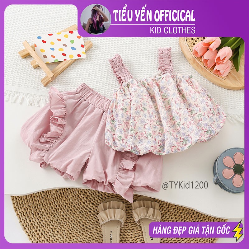 S1200-Quần áo hè bé gái, set 2 dây hoa hồng quần bí Tiểu Yến KID