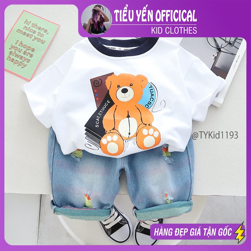 S1193-Quần áo hè bé trai, bộ áo thun gấu trắng và quần jean vải mềm Tiểu Yến KID