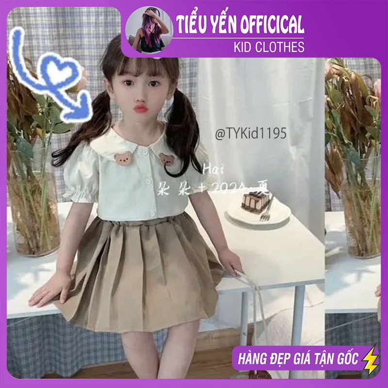 S1195-Quần áo hè bé gái phong cách Hàn, set áo sơ mi gấu be và chân váy xếp ly Tiểu Yến KID