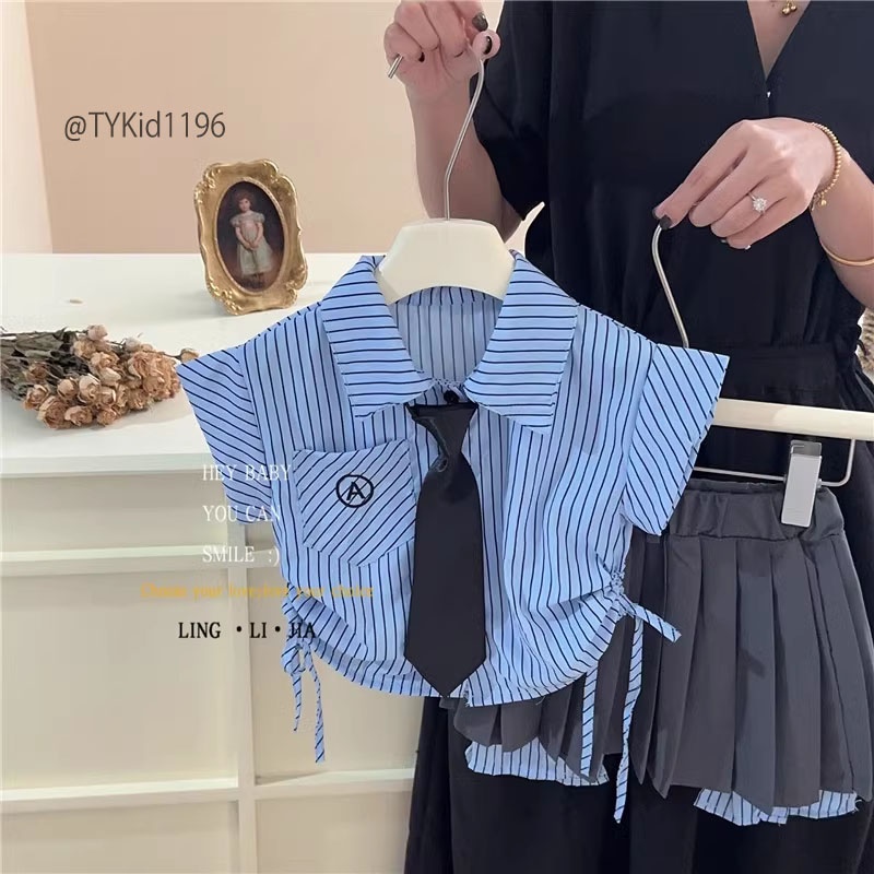 S1196-Quần áo hè bé gái, set sơ mi 3 chi tiết sọc xanh Tiểu Yến KID