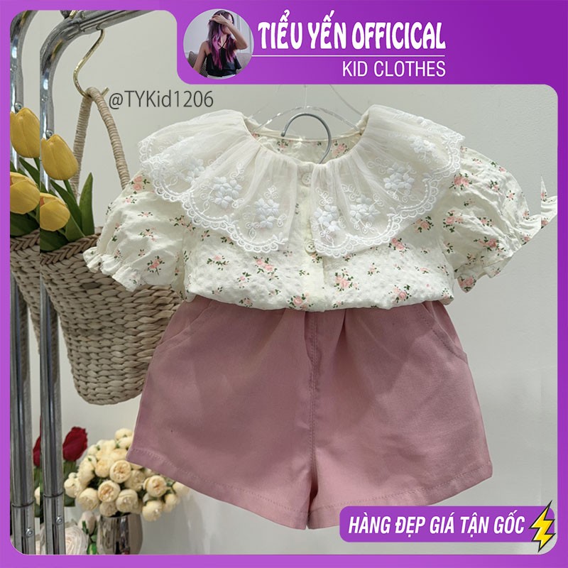 S1206-Quần áo hè bé gái, set cao cấp áo hoa hồng cổ ren mix quần hồng Tiểu Yến KID