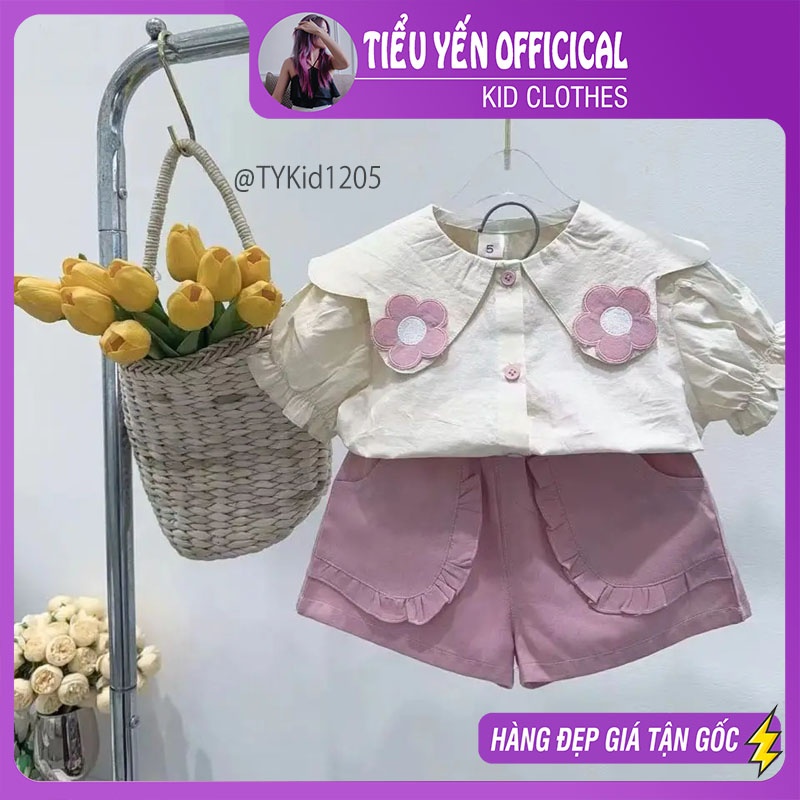 S1205-Quần áo hè bé gái, set cao cấp áo sơ mi hoa và quần hồng Tiểu Yến KID