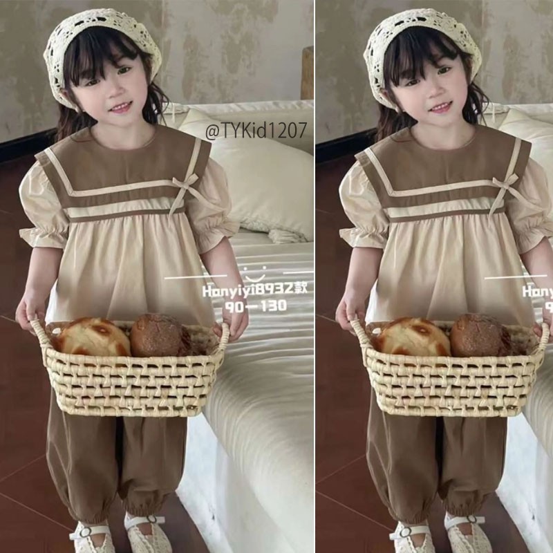 S1207-Quần áo hè bé gái phong cách Hàn, áo thô cổ nâu mix quần thô nâu Tiểu Yến KID