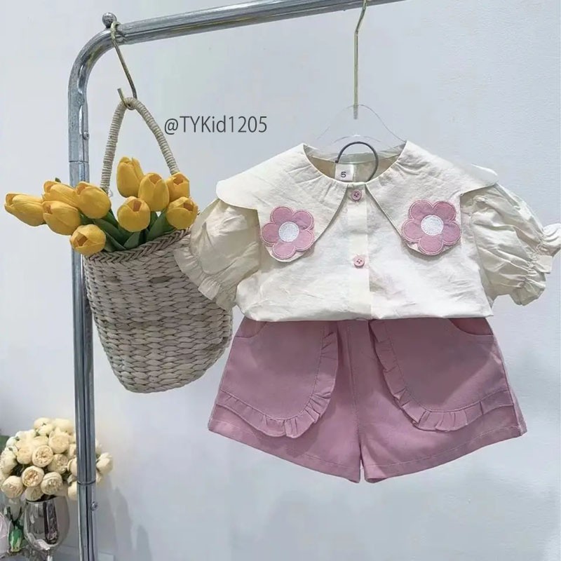 S1205-Quần áo hè bé gái, set cao cấp áo sơ mi hoa và quần hồng Tiểu Yến KID