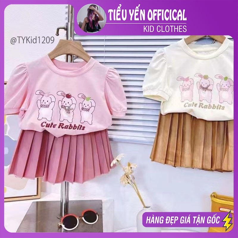 S1209-Quần áo hè bé gái, set cao cấp áo thun thỏ hồng mix chân váy xếp ly Tiểu Yến KID