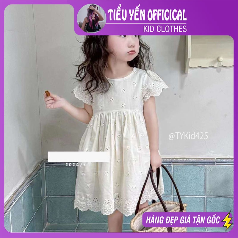 V425-Váy hè bé gái, váy thô trắng kem thêu hoa vải mềm mát Tiểu Yến KID