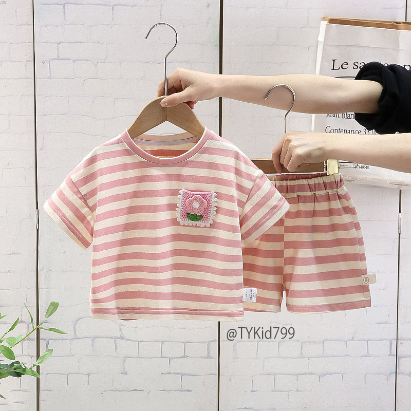 S799-Bộ quần áo hè bé gái kẻ hồng vải cotton mềm mát Tiểu Yến KID