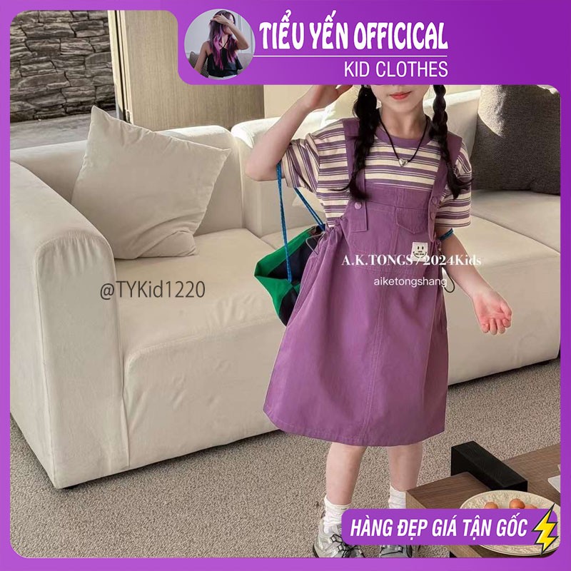 S1220-Quần áo hè bé gái size đại, set váy yếm tím áo kẻ tím Tiểu Yến KID