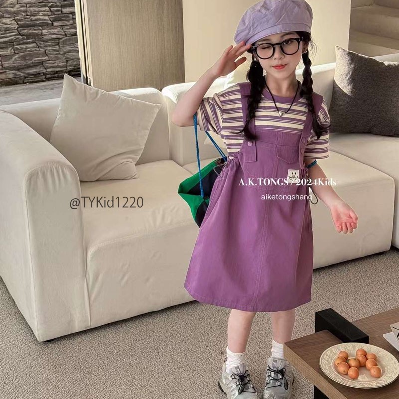 S1220-Quần áo hè bé gái size đại, set váy yếm tím áo kẻ tím Tiểu Yến KID