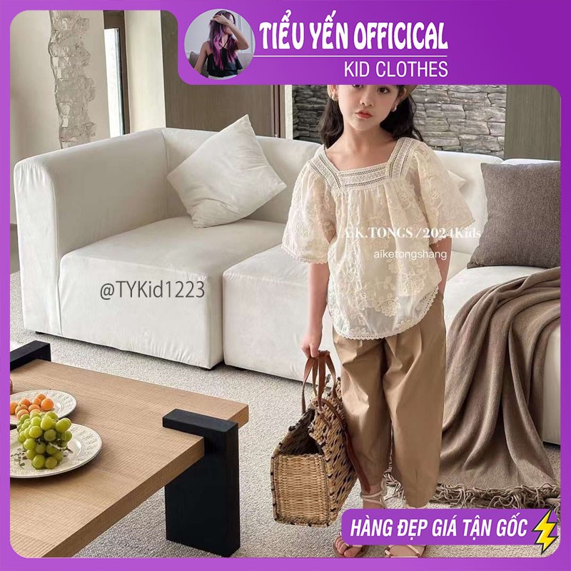 S1223-Quần áo hè bé gái size đại, áo ren kem và quần kaki nâu Tiểu Yến KID