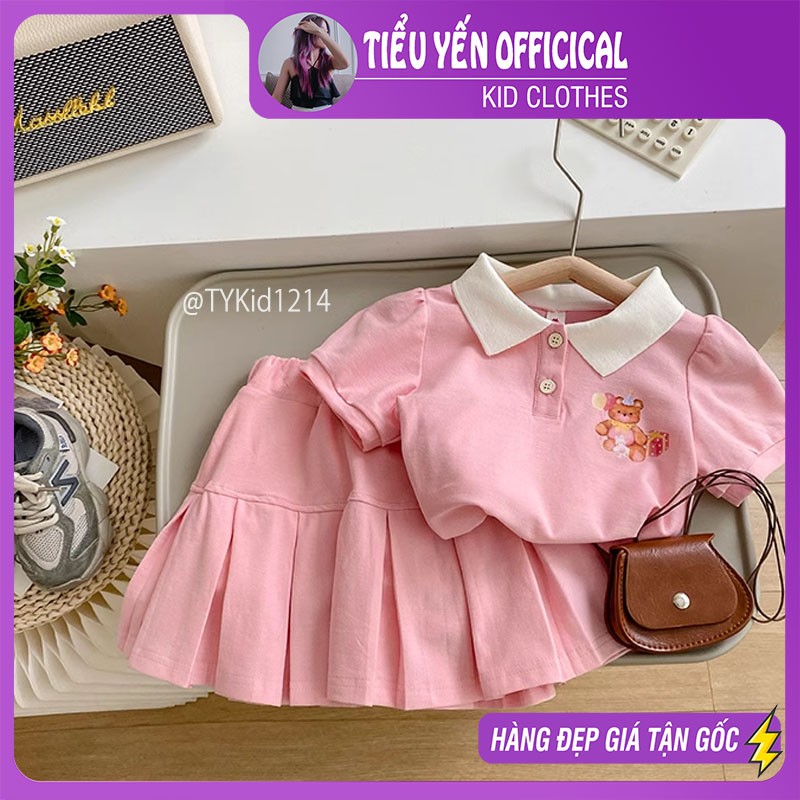 S1214-Quần áo hè bé gái hot trend, set áo gấu hồng và chân váy Tiểu Yến KID