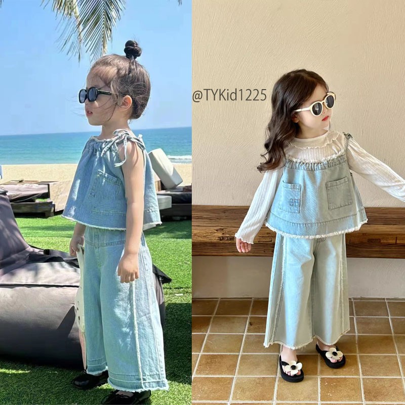 S1225-Quần áo hè bé gái, set denim 2 dây và quần suông vải mềm Tiểu Yến KID