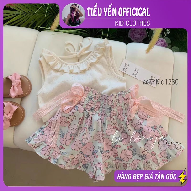 S1230-Quần áo hè bé gái, set áo kem cổ bèo và quần dáng váy hoa hồng Tiểu Yến KID