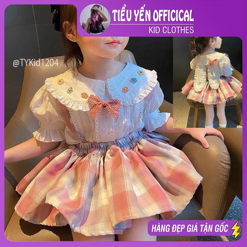 S1204-Quần áo hè bé gái, set cao cấp sơ mi tai thỏ mix váy yếm caro dáng xòe Tiểu Yến KID