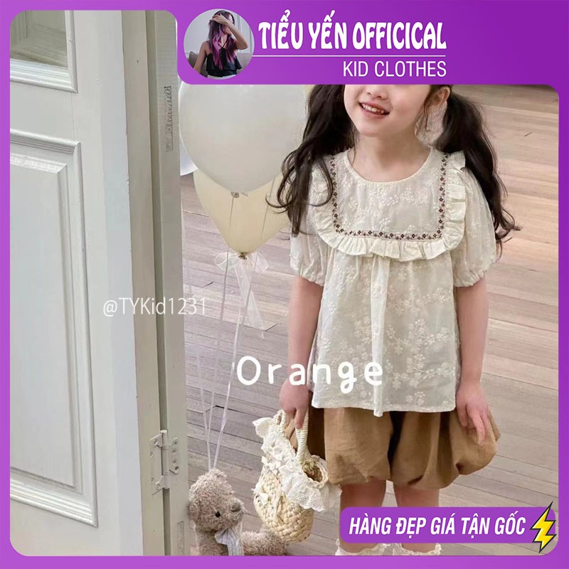 S1231-Quần áo hè bé gái phong cách Hàn, áo thô thêu hoa và quần bí nâu Tiểu Yến KID