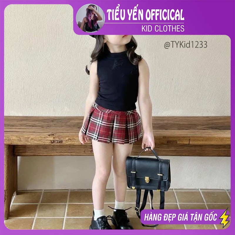 S1233-Quần áo hè bé gái, áo thun đen và chân váy xếp ly Tiểu Yến KID