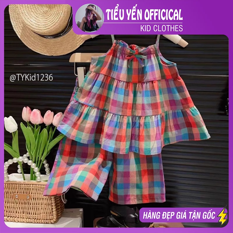 S1236-Quần áo hè bé gái, set 2 dây thô mềm họa tiết caro Tiểu Yến KID