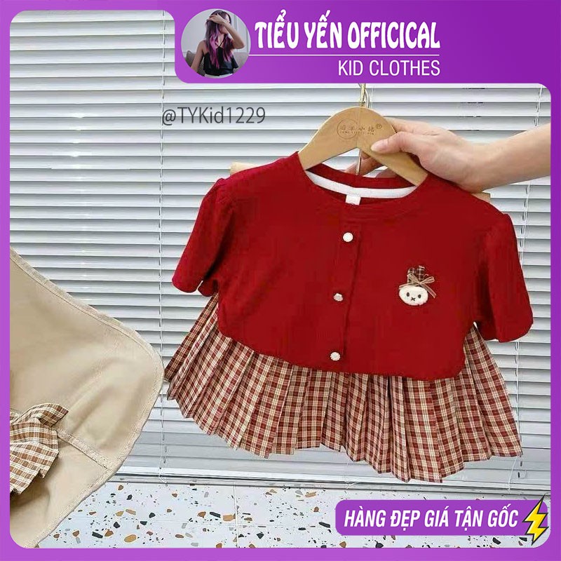 S1229-Quần áo hè bé gái, set áo thỏ đỏ và chân váy xếp ly Tiểu Yến KID