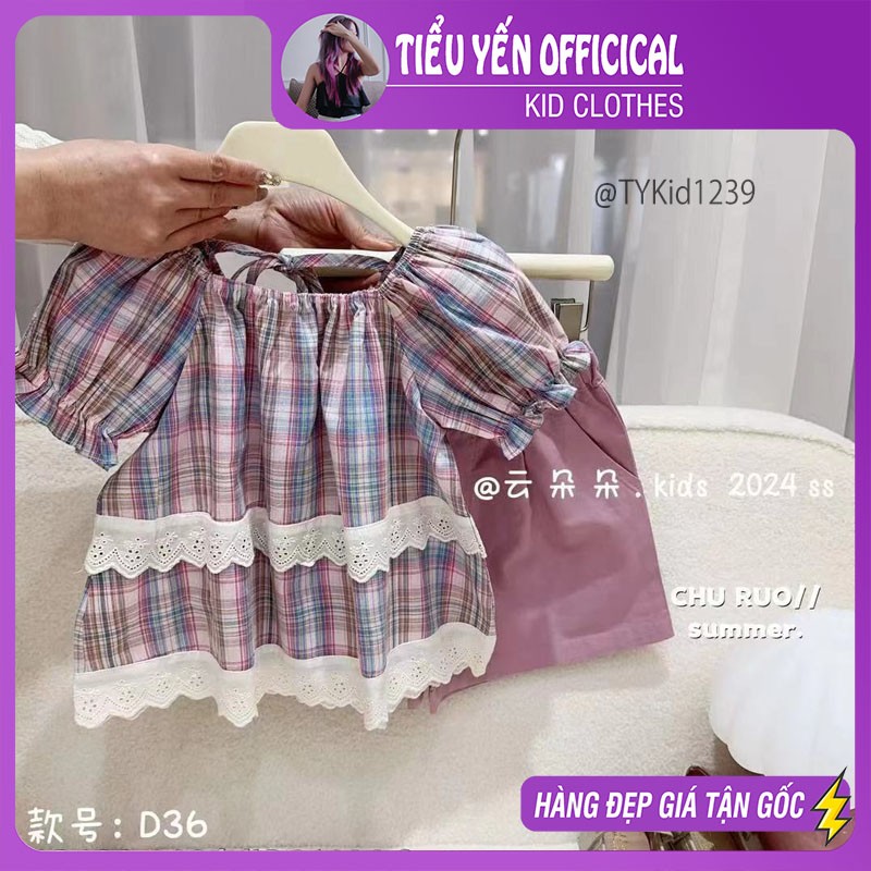 S1239-Quần áo hè bé gái, set áo thô caro tím và quần thô Tiểu Yến KID