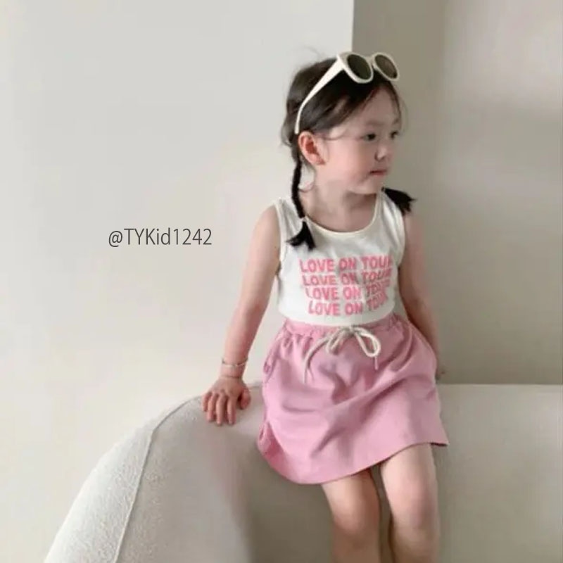 S1242-Quần áo hè bé gái, set áo thun 3 lỗ và chân váy hồng Tiểu Yến KID