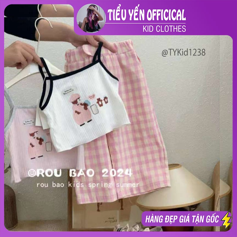 S1238-Quần áo hè bé gái, set áo 2 dây trắng và quần caro hồng Tiểu Yến KID