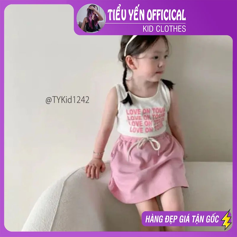 S1242-Quần áo hè bé gái, set áo thun 3 lỗ và chân váy hồng Tiểu Yến KID