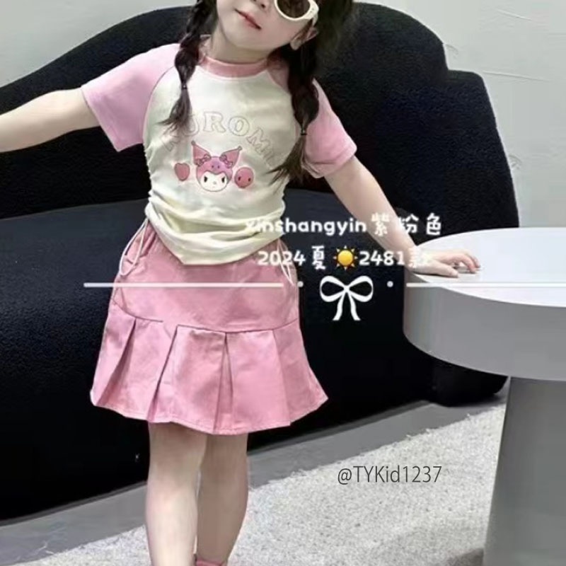 S1237-Quần áo hè bé gái, set hoạt hình kuromi hồng Tiểu Yến KID