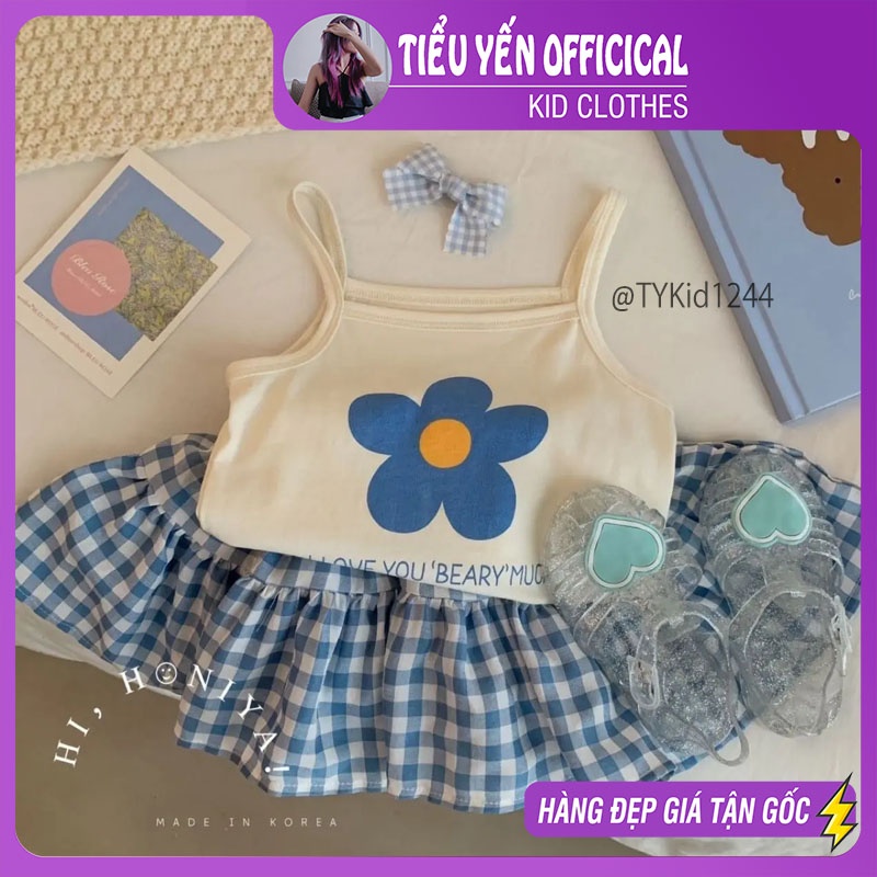 S1244-Quần áo hè bé gái, set 2 dây hoa xanh và chân váy thô mềm Tiểu Yến KID