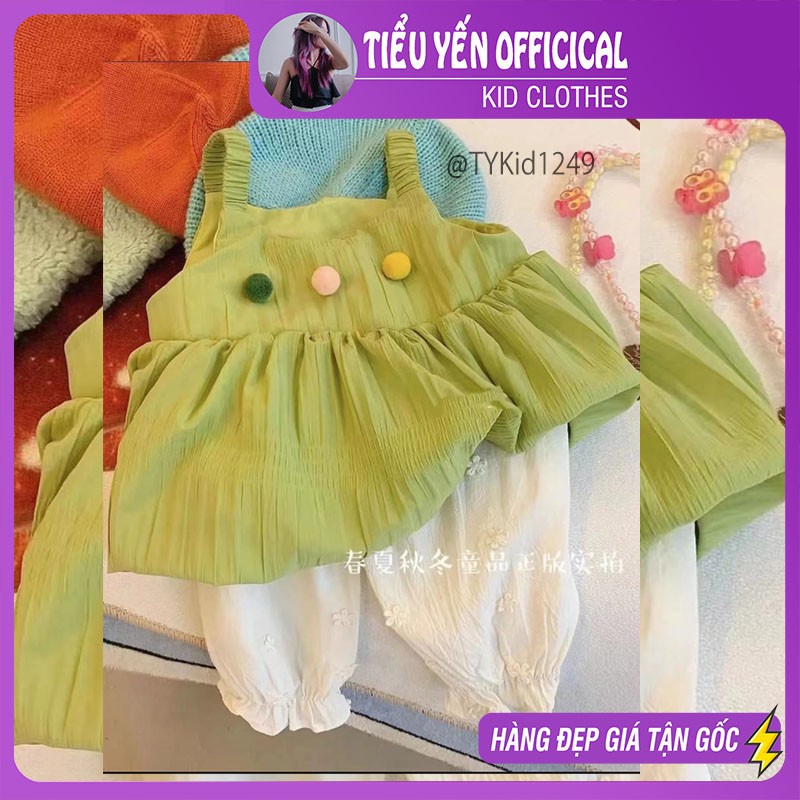 S1249-Quần áo hè bé gái, set 2 dây xanh lá và quần kem lửng Tiểu Yến KID