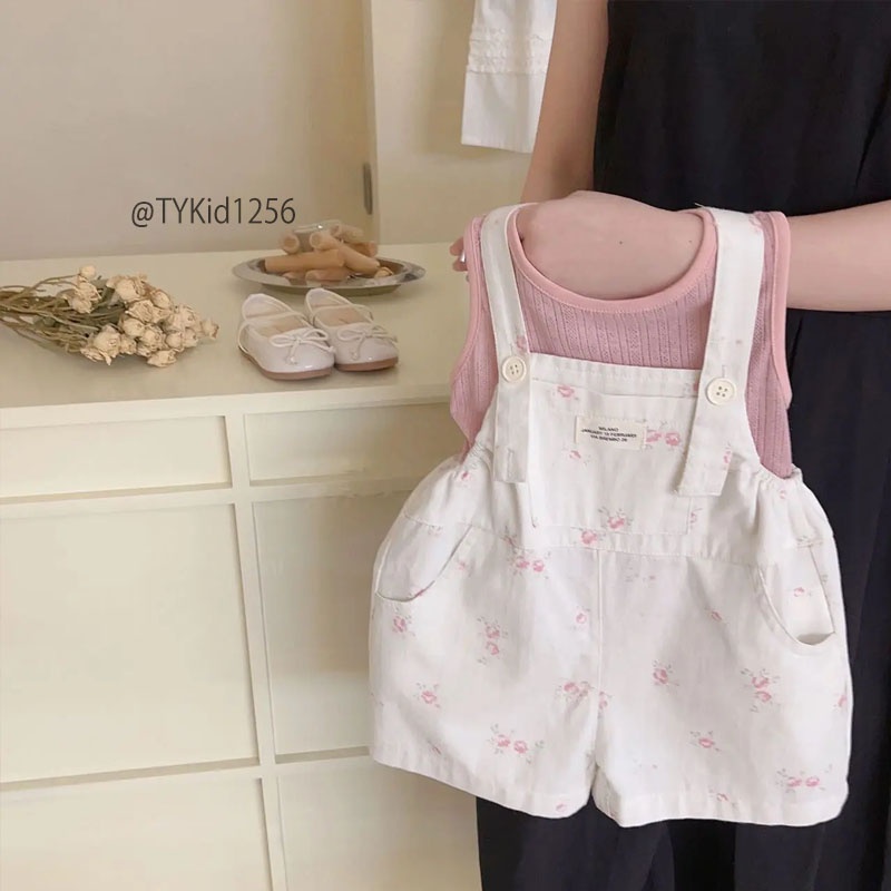 S1256-Quần áo hè bé gái, set yếm áo hồng và yếm kem hoa nhí Tiểu Yến KID