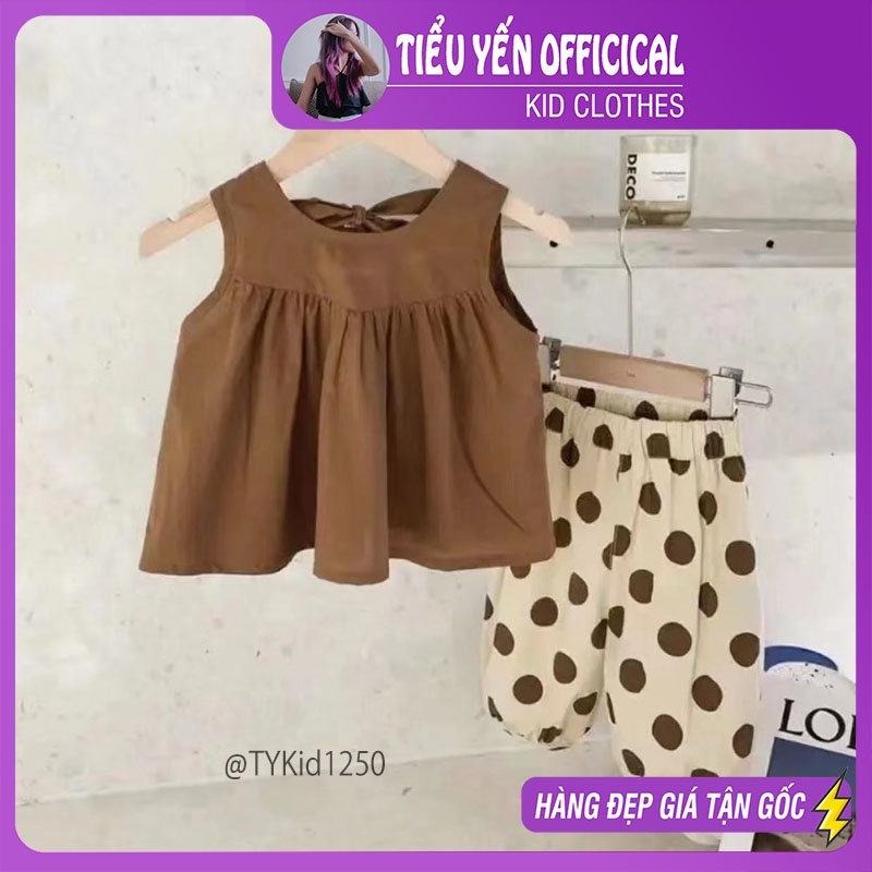 S1250-Quần áo hè bé gái, set áo thô nâu quần chấm bi kem Tiểu Yến KID