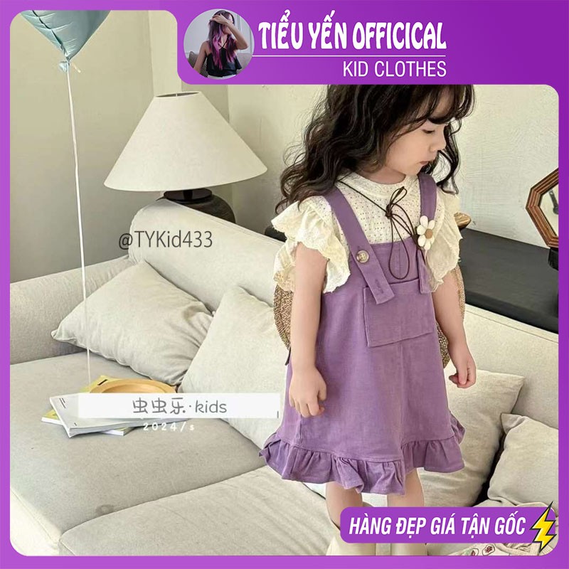 V433-Váy yếm hè bé gái, áo ren kem và váy yếm tím Tiểu Yến KID