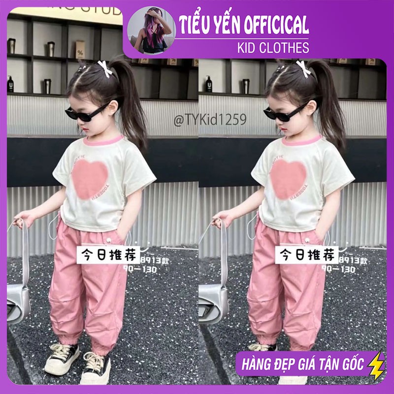 S1259-Quần áo hè bé gái, set hiphop áo tim hồng quần hồng Tiểu Yến KID