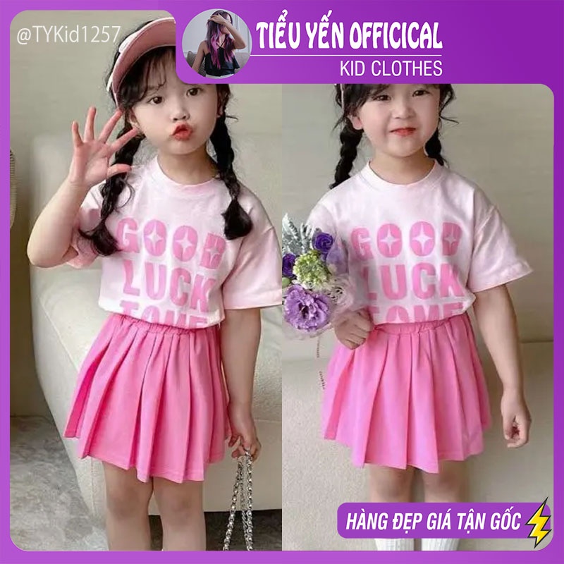 S1257-Quần áo hè bé gái, set áo thun chữ hồng và chân váy xếp ly Tiểu Yến KID