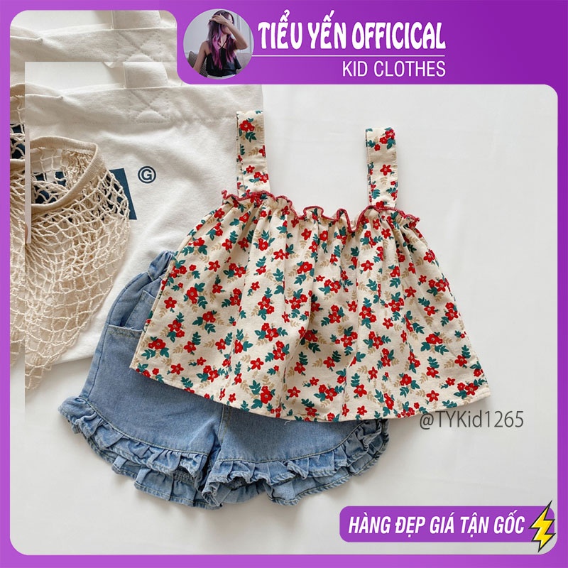 S1265-Quần áo hè bé gái, set áo 2 dây hoa đỏ và quần jean mềm Tiểu Yến KID