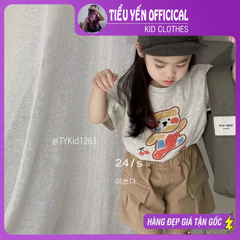 S1263-Quần áo hè bé gái cao cấp, áo gấu xám và quần kaki nâu Tiểu Yến KID