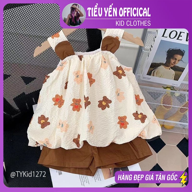 S1272-Quần áo hè bé gái, set áo 2 dây gấu be quần nâu Tiểu Yến KID