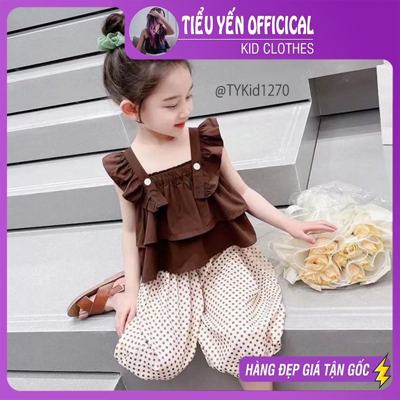 S1270-Quần áo hè bé gái, set áo thô nâu quần chấm bi kem Tiểu Yến KID