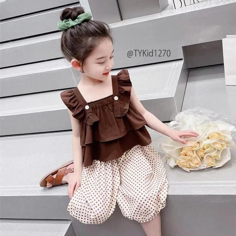 S1270-Quần áo hè bé gái, set áo thô nâu quần chấm bi kem Tiểu Yến KID