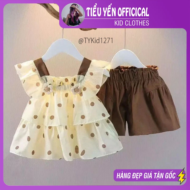 S1271-Quần áo hè bé gái, áo chấm bi và quần nâu Tiểu Yến KID