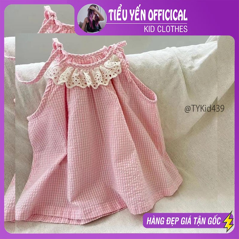 V439-Váy hè bé gái, váy caro thô mềm phối ren Tiểu Yến KID