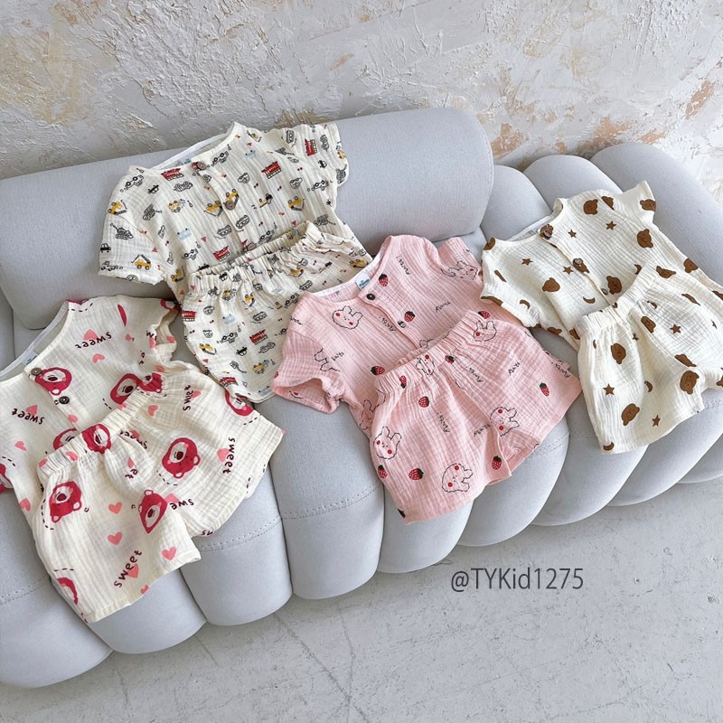 S1275-Đồ bộ mặc nhà cho bé, pijama xô muslin 4 họa tiết cho bé trai bé gái Tiểu Yến KID