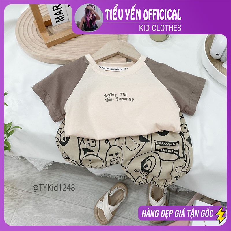 S1248-Quần áo hè cho bé, áo thun be nâu và quần họa tiết Tiểu Yến KID