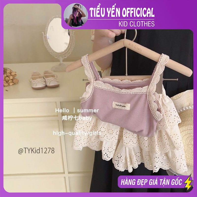 S1278-Quần áo hè bé gái cao cấp, set áo 2 dây và chân váy ren Tiểu Yến KID