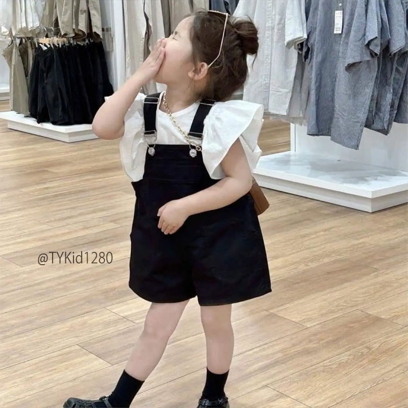 S1280-Quần áo hè bé gái, set yếm kaki và áo thô trắng Tiểu Yến KID